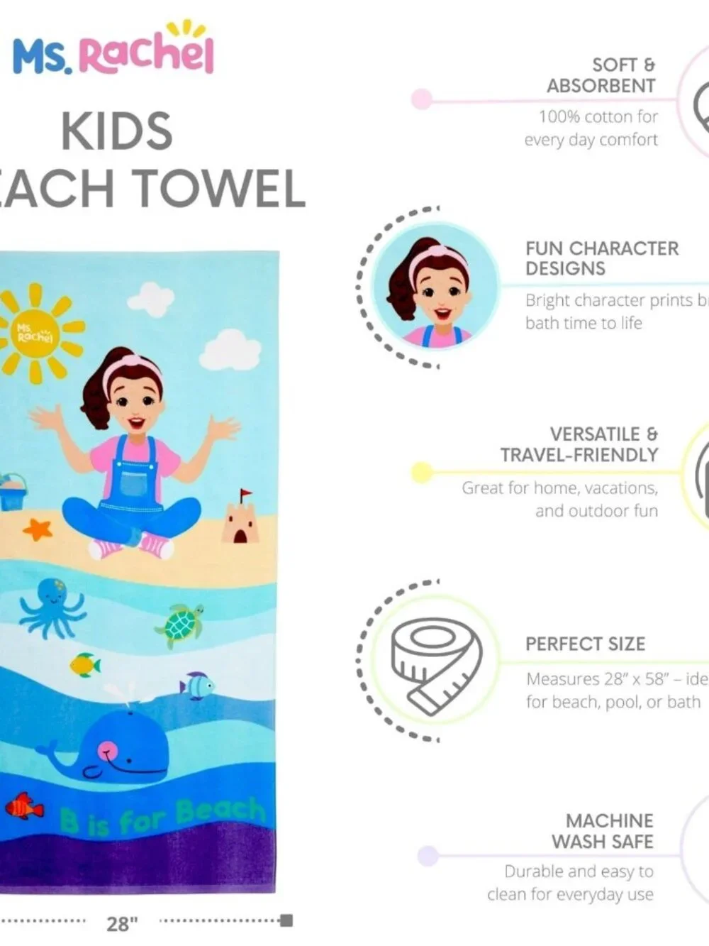 Ms. Rachel Kids Beach Towel 100% Cotton 28x58 is for Beach New Bath Pool Fan